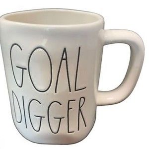 Rae Dunn ‘Goal Digger Pottery Coffee Mug Cup 16 oz  White Black LL Ceramic Decor